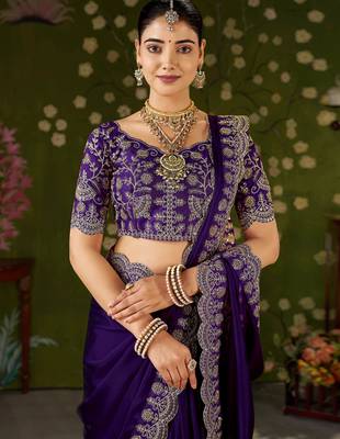 Violet rangoli silk saree with embroidered designer blouse piece 3