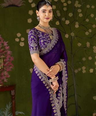 Violet rangoli silk saree with embroidered designer blouse piece 5