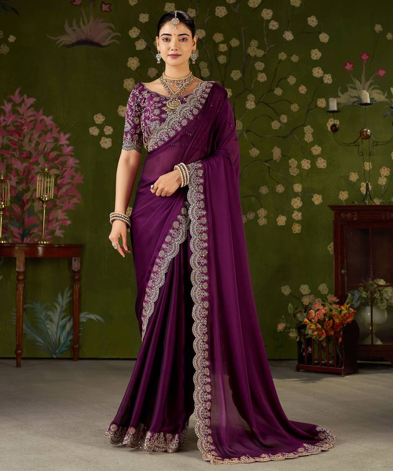 Wine rangoli silk saree with embroidered designer blouse piece