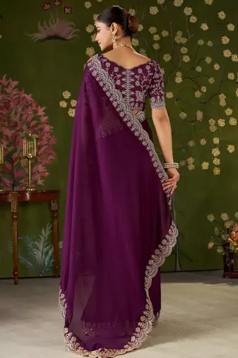 Wine rangoli silk saree with embroidered designer blouse piece