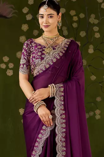 Wine rangoli silk saree with embroidered designer blouse piece