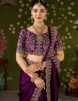 Wine rangoli silk saree with embroidered designer blouse piece 5