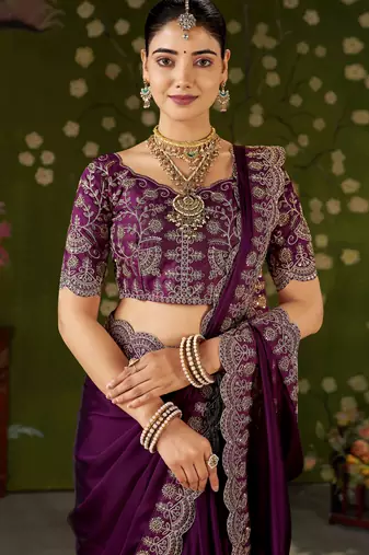 Wine rangoli silk saree with embroidered designer blouse piece