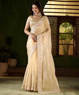 Beige jimmy choo fabric saree with multi thread embroidered work for women 1