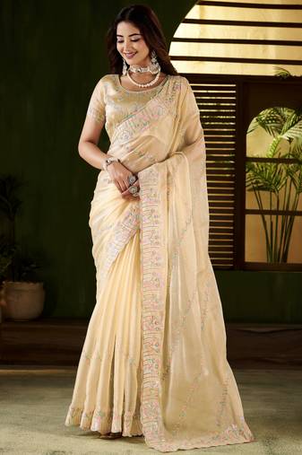 Beige jimmy choo fabric saree with multi thread embroidered work for women