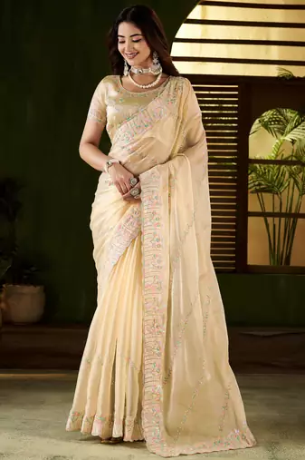 Beige jimmy choo fabric saree with multi thread embroidered work for women