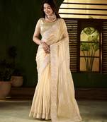 Beige jimmy choo fabric saree with multi thread embroidered work for women