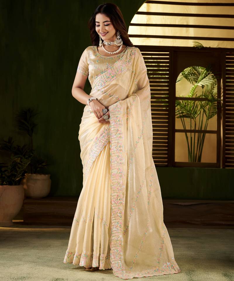Beige jimmy choo fabric saree with multi thread embroidered work for women