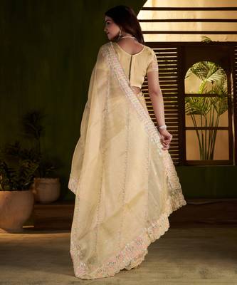 Beige jimmy choo fabric saree with multi thread embroidered work for women 2