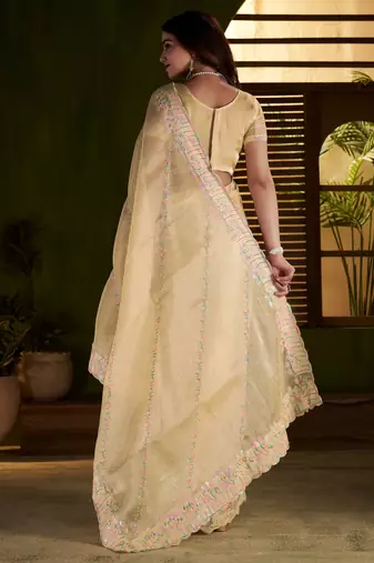 Beige jimmy choo fabric saree with multi thread embroidered work for women