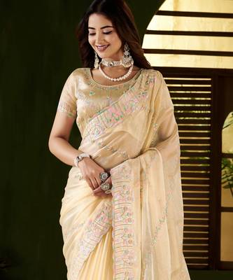 Beige jimmy choo fabric saree with multi thread embroidered work for women 3