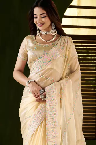 Beige jimmy choo fabric saree with multi thread embroidered work for women