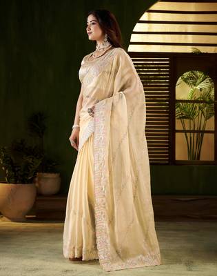 Beige jimmy choo fabric saree with multi thread embroidered work for women 4