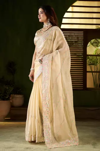Beige jimmy choo fabric saree with multi thread embroidered work for women
