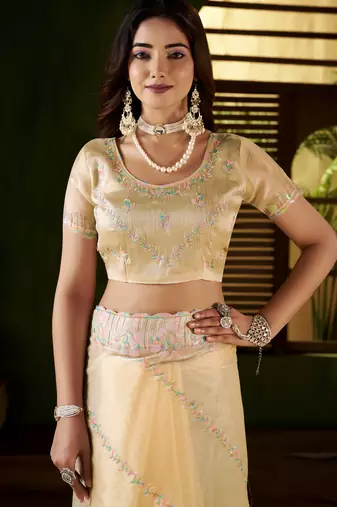 Beige jimmy choo fabric saree with multi thread embroidered work for women