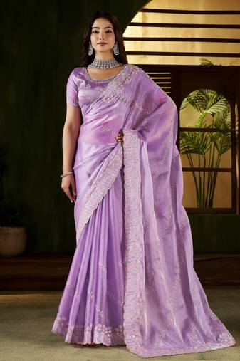 Lavender jimmy choo fabric saree with multi thread embroidered work for women