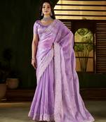 Lavender jimmy choo fabric saree with multi thread embroidered work for women