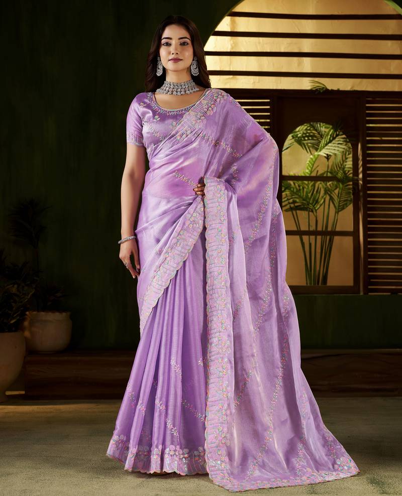 Lavender jimmy choo fabric saree with multi thread embroidered work for women