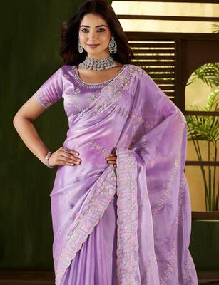 Lavender jimmy choo fabric saree with multi thread embroidered work for women 3