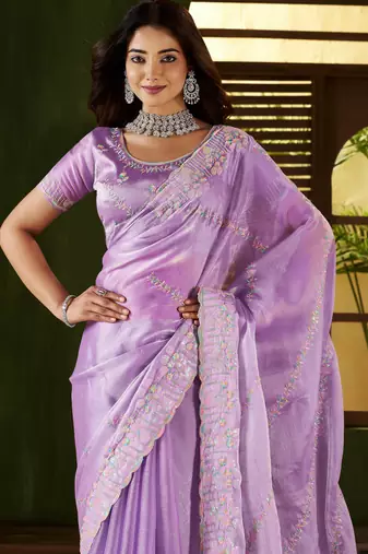 Lavender jimmy choo fabric saree with multi thread embroidered work for women