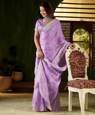 Lavender jimmy choo fabric saree with multi thread embroidered work for women 4