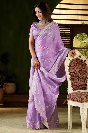 Lavender jimmy choo fabric saree with multi thread embroidered work for women