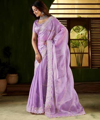 Lavender jimmy choo fabric saree with multi thread embroidered work for women 5