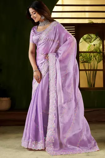 Lavender jimmy choo fabric saree with multi thread embroidered work for women
