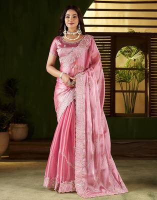 Pink jimmy choo fabric saree with multi thread embroidered work for women 1