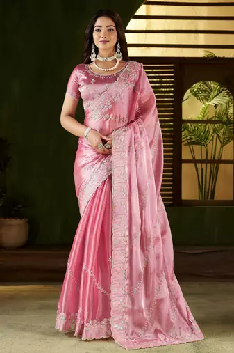 Pink jimmy choo fabric saree with multi thread embroidered work for women