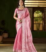 Pink jimmy choo fabric saree with multi thread embroidered work for women