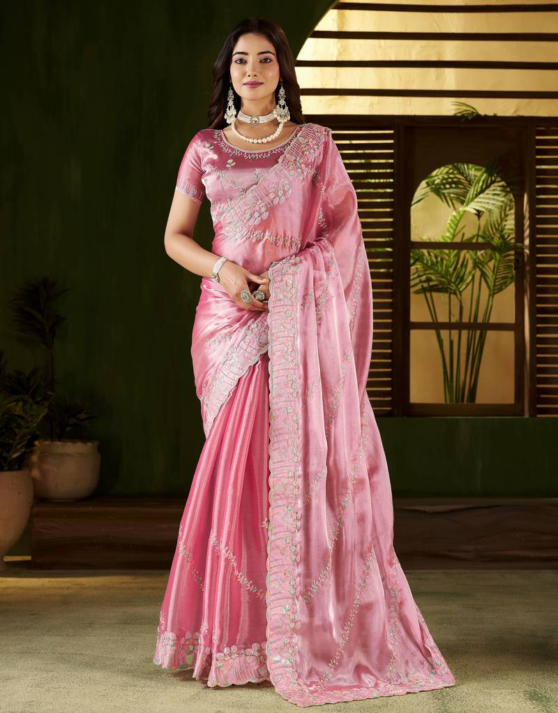 Pink jimmy choo fabric saree with multi thread embroidered work for women