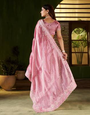 Pink jimmy choo fabric saree with multi thread embroidered work for women 2