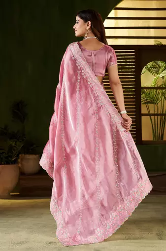 Pink jimmy choo fabric saree with multi thread embroidered work for women