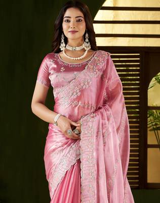Pink jimmy choo fabric saree with multi thread embroidered work for women 3