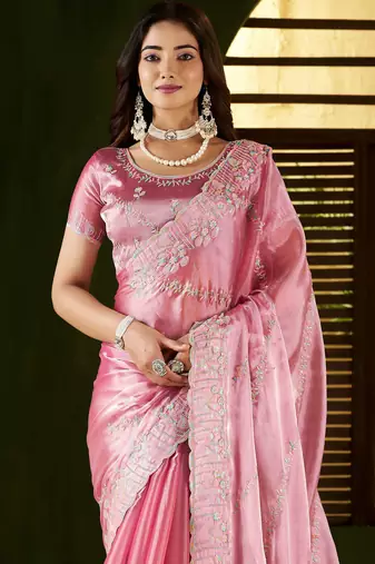 Pink jimmy choo fabric saree with multi thread embroidered work for women