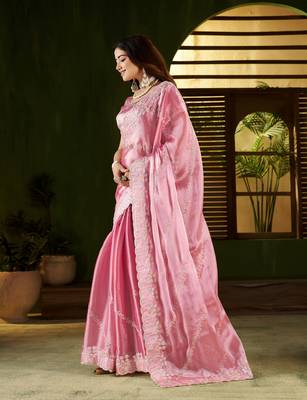Pink jimmy choo fabric saree with multi thread embroidered work for women 4