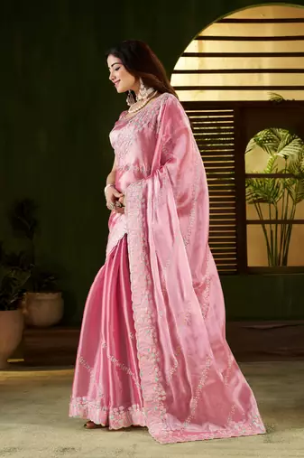 Pink jimmy choo fabric saree with multi thread embroidered work for women