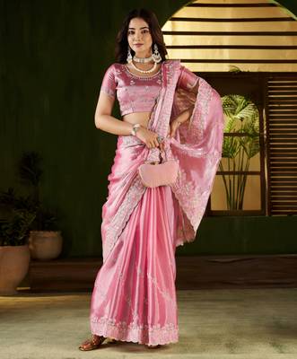 Pink jimmy choo fabric saree with multi thread embroidered work for women 5