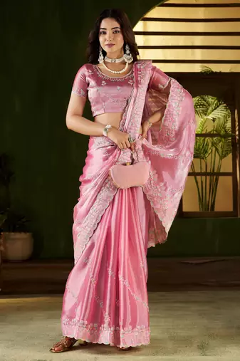 Pink jimmy choo fabric saree with multi thread embroidered work for women