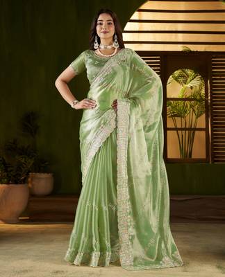 Pistagreen jimmy choo fabric saree with multi thread embroidered work for women 1