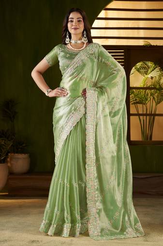 Pistagreen jimmy choo fabric saree with multi thread embroidered work for women