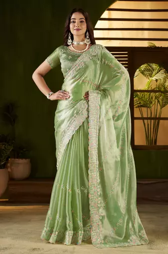 Pistagreen jimmy choo fabric saree with multi thread embroidered work for women