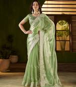 Pistagreen jimmy choo fabric saree with multi thread embroidered work for women