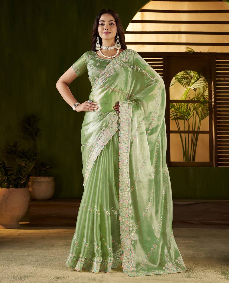 Pistagreen jimmy choo fabric saree with multi thread embroidered work for women