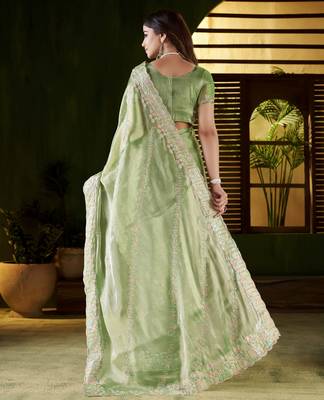 Pistagreen jimmy choo fabric saree with multi thread embroidered work for women 2