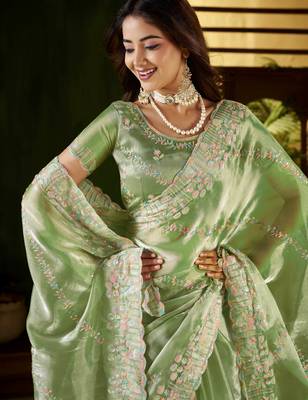 Pistagreen jimmy choo fabric saree with multi thread embroidered work for women 3