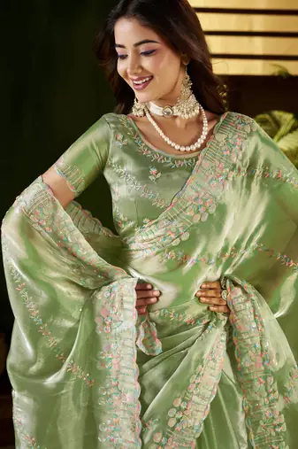 Pistagreen jimmy choo fabric saree with multi thread embroidered work for women