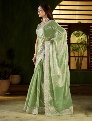 Pistagreen jimmy choo fabric saree with multi thread embroidered work for women 4