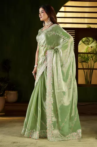 Pistagreen jimmy choo fabric saree with multi thread embroidered work for women